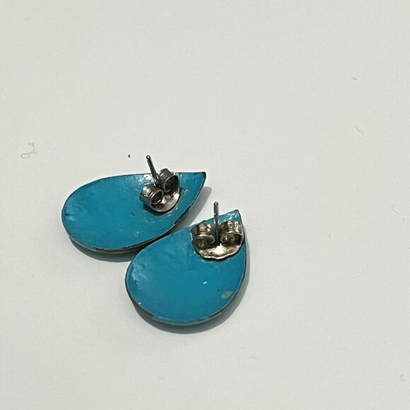 Vintage Turquoise Blue Teardrop Metal Stud 1” Earrings - Picture 2 of 3